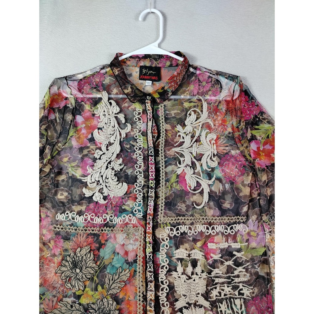 Biya Johnny Was Blouse Womens Medium Multicolor Sheer Embroidered Floral Boho - Picture 6 of 11